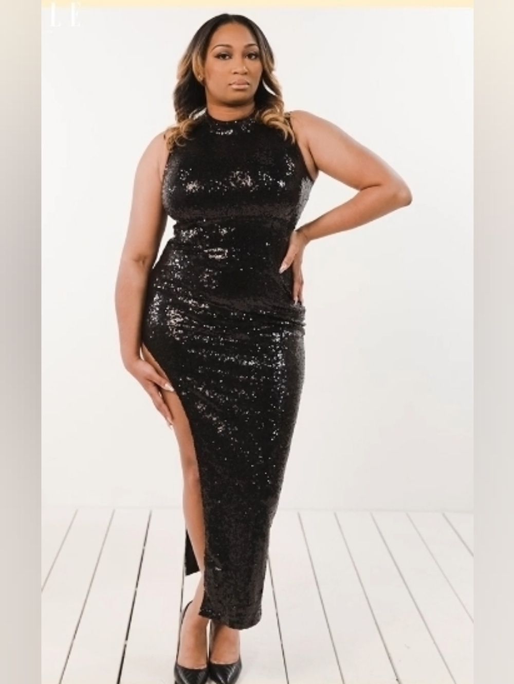 Sequin Asymmetrical Gown Open Leg Mock Neckline Large New